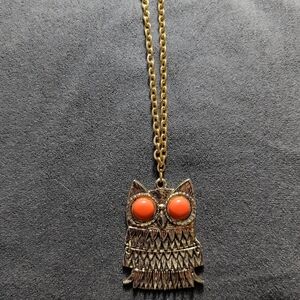 Gold-Tone Owl Pendant Necklace with Coral Eyes